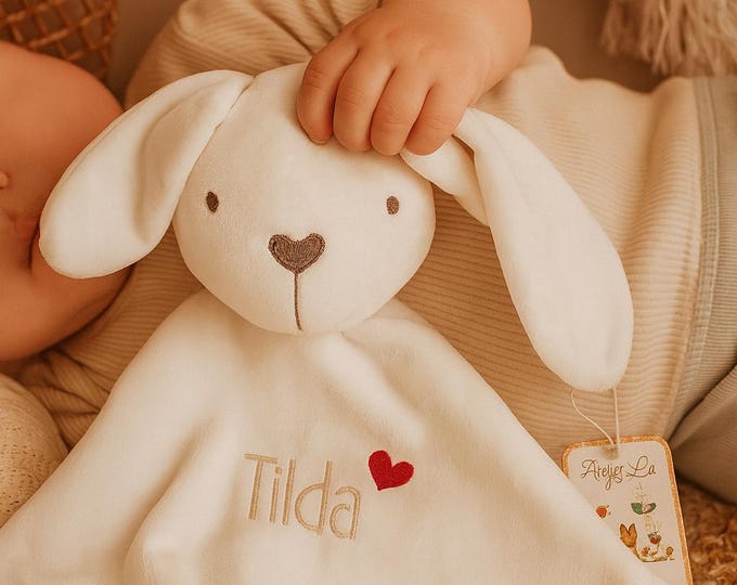 Personalized Bunny Comforter – Baby Snuggle Blanket with Name & Heart – Cuddly Toy for Girls – Gift for Birth - Christening – Made with Love