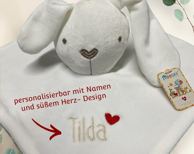 Personalized cuddly toy with name – soft toy with rattle/pacifier holder – baby gift for birth/christening/baby shower