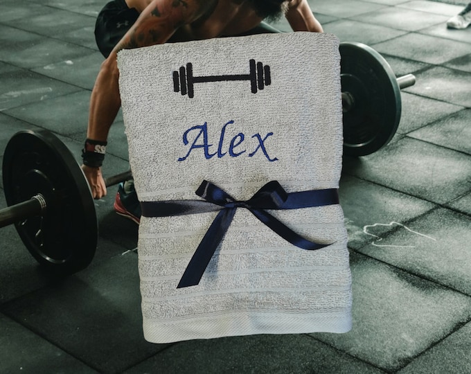 Personalized towel with name, embroidered, for sports, fitness, gym, men & women, 100% cotton