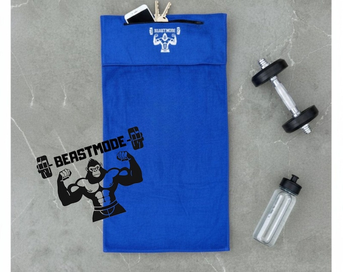 GORILLA Personalized Gym Towel 50 x 100 cm with Name, Flap, Pocket, Microfiber, Quick-Drying, Grey, Red