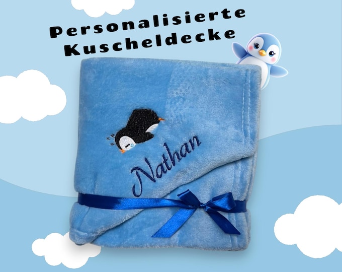 PENGUIN blanket personalized with name – Embroidered blanket for children & adults – 13 colors – 70x100/130 x 150 cm – Great gift