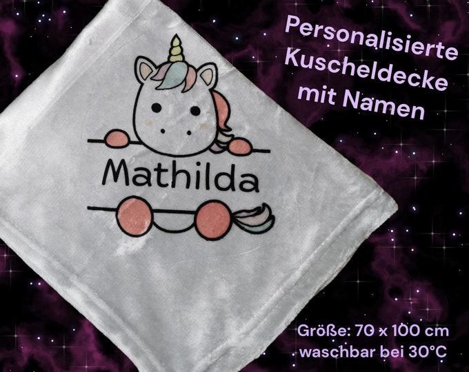 Children's blanket personalized/name blanket/customize/name and unicorn/girl/birth/birthday/baptism/holidays/children's room/70x100