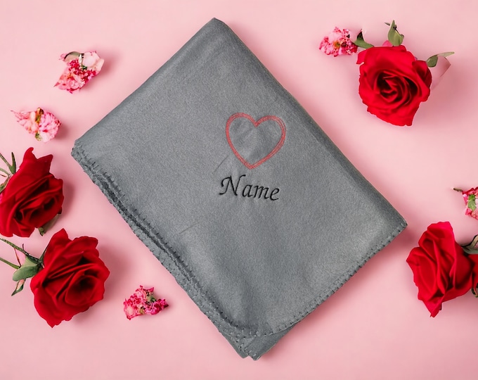 Personalized Blanket, Embroidered Name Blanket, Valentine's Day Gift, Love, Hearts, Couples, Anniversary, Birthday, 5 Colors, 130 x 170 cm