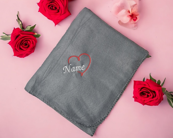 Personalized Blanket, Embroidered Name Blanket, Valentine's Day Gift, Love, Hearts, Couples, Anniversary, Birthday, 5 Colors, 130 x 170 cm