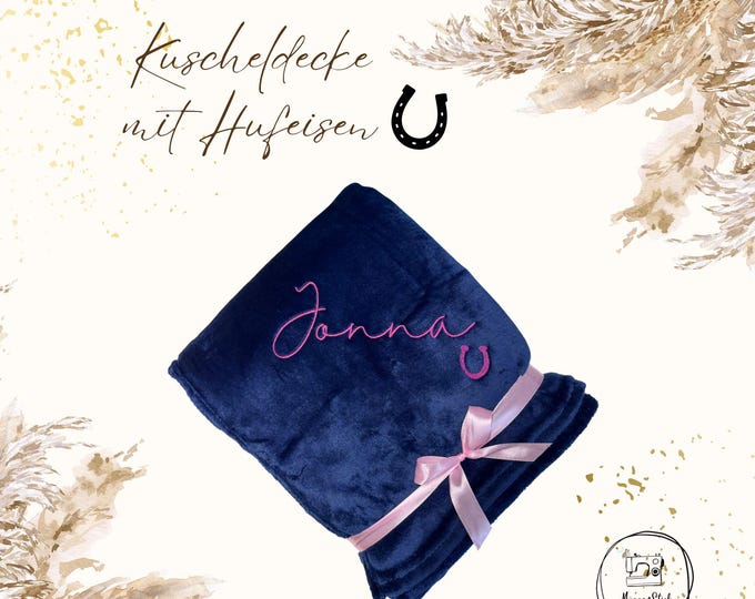 Personalized cuddly blanket with name & horseshoes • Horse gift for girls • Embroidered blanket for babies, children, and adults • 2 sizes • 13 colors