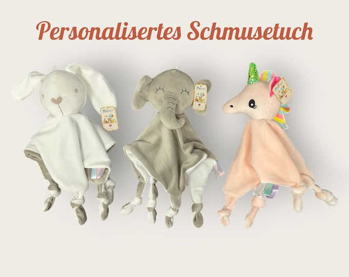 Personalized cuddly toy with name – soft toy with rattle/pacifier holder – baby gift for birth/christening/baby shower