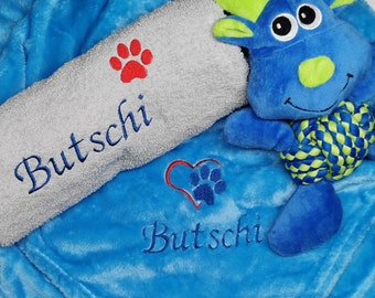 SET Personalisierte Hundedecke + Handtuch Stickerei Namensdecke Welpenstarterset Hunde- + Katzendecken, Tiere, 9 Farben, 70x100 cm