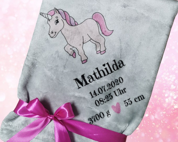 Children's blanket personalized/name blanket/customize/name and unicorn/girl/birth/birthday/baptism/holidays/children's room/70x100