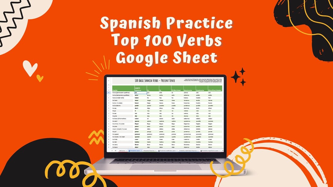Spanish Top 100 Verbs Practice Spreadsheet Etsy