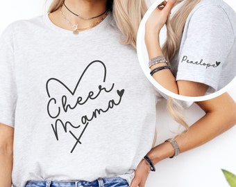 Personalized Cheer Mama Tshirt, Custom Cheer Mom Shirt with Kids Name on Sleeve, Cheer Competition, Cheerleading Gift for Mom, Customized