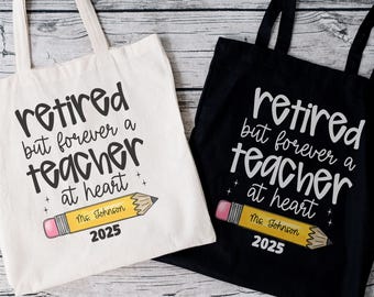 Bolsa de lona personalizada para maestra jubilada, con nombre y año personalizados, ideal como regalo para maestra jubilada o de fin de curso.