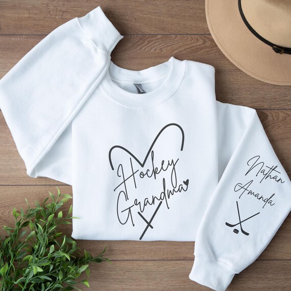 Personalized Hockey Grandma Sweatshirt, Grandkids Name on Sleeve, Customized Gift for Grandmother, Custom Grandmother Gift, Grandma Crewneck