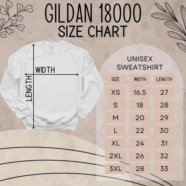May include: Size chart for Gildan 18000 unisex sweatshirts. The chart shows the width and length measurements in inches for sizes XS to 3XL.