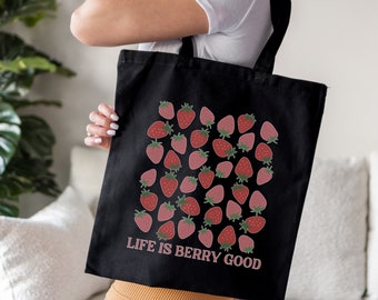 Strawberry Canvas Tote Bag, Cute Strawberry Tote Bag, Fruit Tote Bag, Spring Tote Bag, Farmers Market Tote Bag, Strawberry Lover Gift