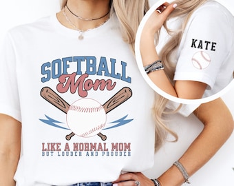 Personalized Softball Mom Shirt with Kids Name on Sleeve, Custom Sports Mom Shirt, Cute Softball Tshirt for Her, Softball Season, Game Day