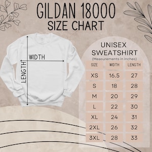 K&ouml;nnte beinhalten: Gr&ouml;&szlig;entabelle f&uuml;r Gildan 18000 Unisex-Sweatshirts. Die Tabelle zeigt die Ma&szlig;e in Zoll f&uuml;r Breite und L&auml;nge f&uuml;r die Gr&ouml;&szlig;en XS, S, M, L, XL, 2XL und 3XL.