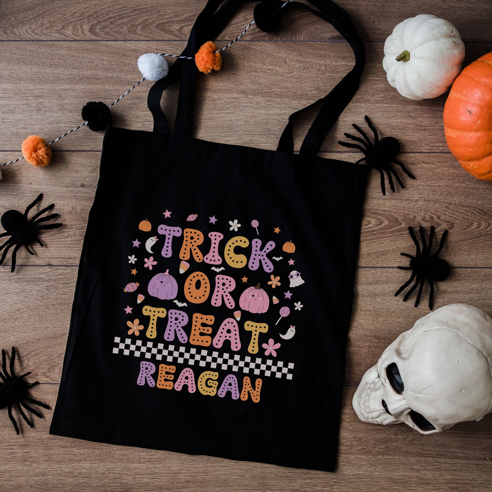 Custom Name Trick or Treat Bag, Canvas Tote Bag, Personalized Halloween ...