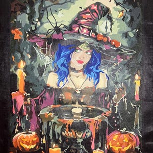 May include: A painting of a witch with blue hair wearing a purple hat, surrounded by candles, pumpkins, and a cauldron. The witch has green eyes and red lips. The background is dark with a spider and cobwebs.