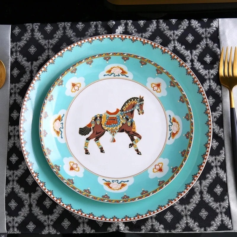Robin Egg Blue Equistrian Decorative Plate Set of Two