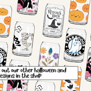 May include: A collection of Halloween-themed can designs featuring various spooky and festive illustrations. Designs include a ghost, a mummy, a pumpkin, a witch, and a scary movie character. The text "STAR BOOOS COFFEE" and "WITCHES BREW" are featured on two of the designs.