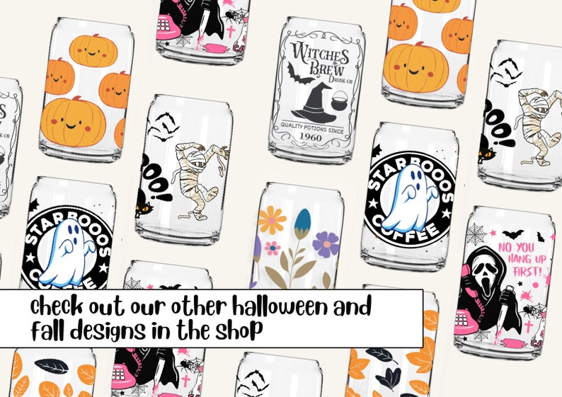 May include: A collection of Halloween-themed can designs featuring various spooky and festive illustrations. Designs include a ghost, a mummy, a pumpkin, a witch, and a scary movie character. The text "STAR BOOOS COFFEE" and "WITCHES BREW" are featured on two of the designs.