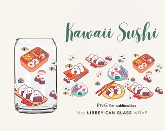 May include: A 16oz Libbey can glass wrap featuring a kawaii sushi design. The wrap features a variety of sushi rolls, including a bento box with a cute face, and a variety of onigiri with smiling faces. The text "Kawaii Sushi" is written in green cursive at the top of the image. The text "PNG for sublimation" is written in black at the bottom of the image.