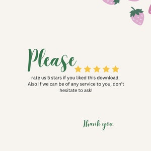 K&ouml;nnte beinhalten: Ein wei&szlig;er Hintergrund mit gr&uuml;nem Text, der "Please***** rate us 5 stars if you liked this download. Also If we can be of any service to you, don't hesitate to ask! Thank you." lautet. &Uuml;ber dem Text befinden sich f&uuml;nf gelbe Sterne und im oberen rechten Eck rosa Erdbeeren mit gr&uuml;nen Bl&auml;ttern.