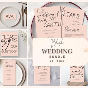 Puede incluir: Un conjunto de papelería de boda en color rubor. Incluye invitaciones, menús, un letrero de libro de visitas, tarjetas de mesa y tarjetas de regalo. El texto incluye "La boda de Ava y Carter".