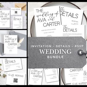 May include: A collection of wedding stationery with a minimalist design. The set includes invitation cards, details cards, and RSVP cards. The text "The Wedding of Ava and Carter" is featured. A grey tag reads "Invitation - Details - RSVP Wedding Bundle."