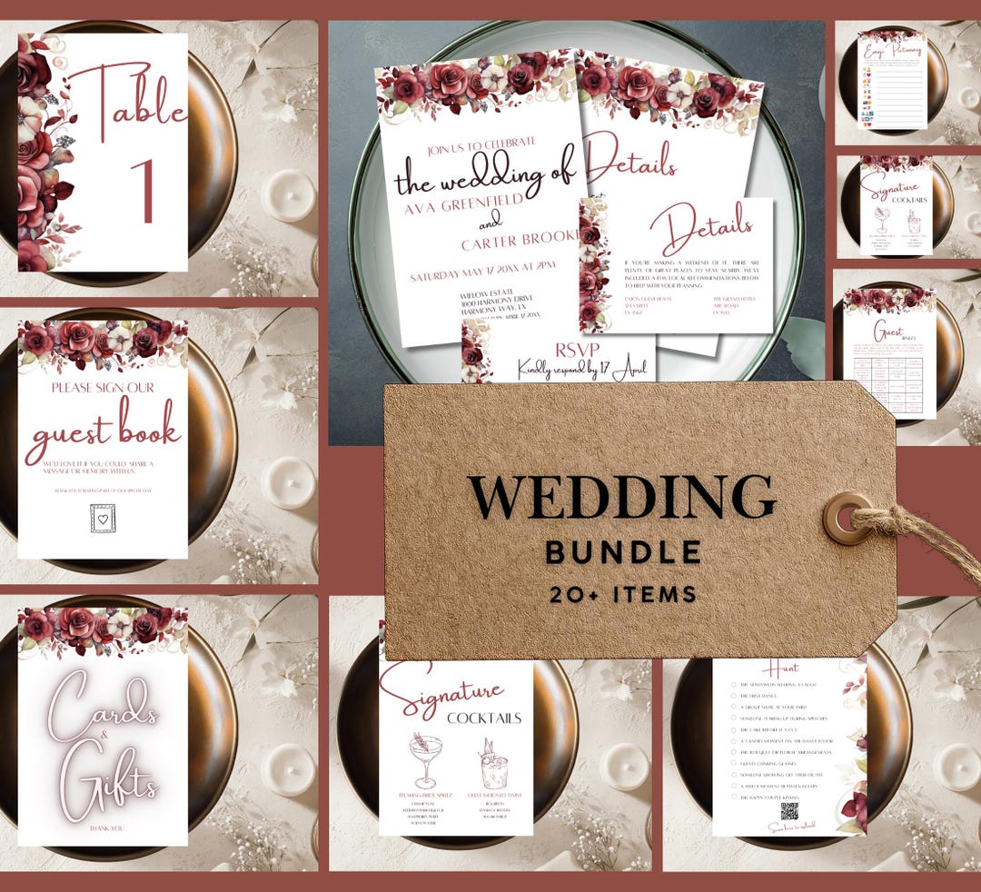 Burgundy Wedding Bundle Floral | DIGITAL TEMPLATE | Stationary Party ...