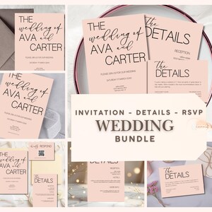 May include: A collection of blush pink wedding stationery, including invitations, details cards, and RSVP cards. The text "The Wedding of Ava and Carter" is displayed in elegant script. A tag reads "Invitation - Details - RSVP Wedding Bundle."