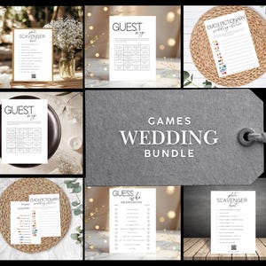 Puede incluir: Una colección de juegos de boda, que incluyen una búsqueda del tesoro fotográfica, bingo para invitados y un diccionario de emojis. Los juegos están impresos en papel blanco con texto negro. Una etiqueta gris grande muestra las palabras "GAMES WEDDING BUNDLE".