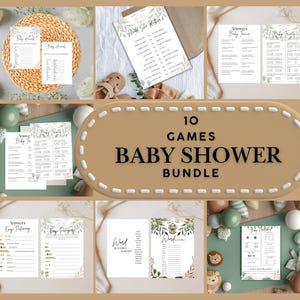 Peut inclure: Un ensemble de jeux pour une baby shower, dont "Would She Rather?" et "Baby Trivia", avec des motifs floraux et de feuilles. L'image centrale indique "10 Games Baby Shower Bundle."