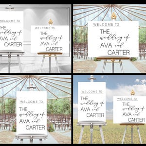 Puede incluir: Carteles de bienvenida de boda blancos sobre caballetes. Los carteles dicen "WELCOME TO THE wedding of AVA and CARTER" en una elegante escritura. Los carteles se muestran en varios entornos al aire libre, incluido un espacio de ceremonia y un campo de hierba.
