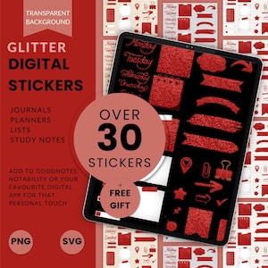 May include: Over 30 red glitter digital stickers for journals, planners, lists, and study notes. The stickers include days of the week, banners, arrows, and other shapes. The text "Over 30 Stickers" and "Free Gift" are also included in the image.