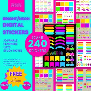 Puede incluir: Más de 240 pegatinas digitales de neón brillante para diarios, planificadores, listas y notas de estudio. Las pegatinas son de varios colores y formas, incluyendo flechas, pancartas, estrellas y marcas de verificación. Regalo gratis incluido.
