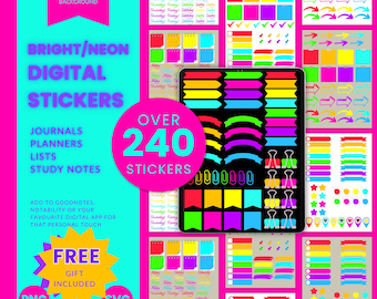 Bright Neon Digital Stickers: Planner Journal Bundle (PNG, SVG)