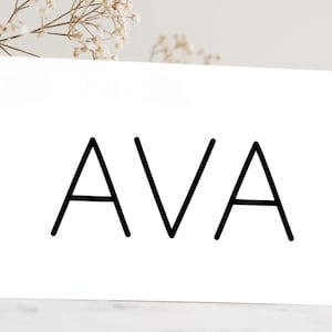 May include: A white card with the name "AVA" printed in bold, black, sans-serif font. The card is propped up, and a sprig of dried flowers is in the background.