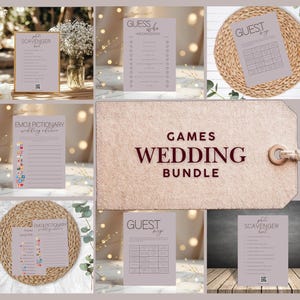Puede incluir: Un conjunto de juegos de boda, que incluyen una búsqueda del tesoro fotográfica, un diccionario de emojis y bingo para invitados. Los juegos están impresos en papel lila con fuentes elegantes. El texto "Games Wedding Bundle" se muestra.