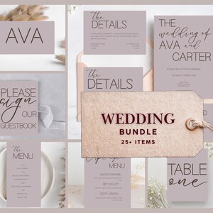 Puede incluir: Un conjunto de artículos de papelería para bodas en color malva suave. Incluye tarjetas de invitación, tarjetas de menú, tarjetas de lugar y una etiqueta que dice "Wedding Bundle 25+ Items". El diseño presenta una tipografía elegante y una estética minimalista.