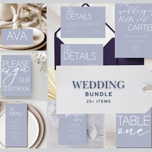 May include: A collection of wedding stationery items in shades of blue and white. Includes invitations, menus, and signage with elegant typography. The bundle features the text "Wedding Bundle 25+ Items".