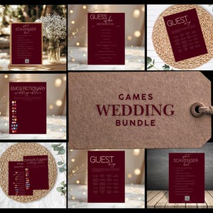 Könnte beinhalten: Eine Sammlung von burgunderfarbenen Hochzeitsspiel-Vorlagen. Die Spiele umfassen eine Foto-Schnitzeljagd, ein "Wer bin ich?"-Spiel, ein Emoji-Wörterbuch und ein Bingo-Spiel für die Gäste. Die Worte "Games Wedding Bundle" sind auf einem braunen Etikett gedruckt.