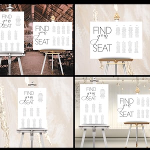 May include: White seating chart signs with the text "FIND your SEAT" in elegant script. The signs are displayed on easels, with a list of names below the text. The background is a blurred image of a wedding venue.