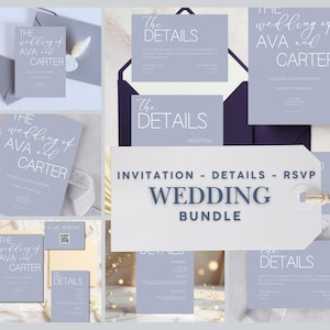 May include: A wedding invitation suite featuring a light purple color scheme. The set includes invitation cards, details cards, and RSVP cards. The text on the cards reads "The Wedding of Ava and Carter" and "Invitation - Details - RSVP Wedding Bundle."