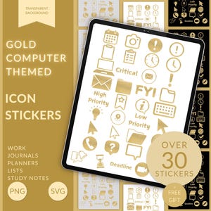 Op de afbeelding: Gouden computerthema-icoonstickers voor werk, dagboeken, planners, lijsten en studie-aantekeningen. Meer dan 30 stickers met pictogrammen zoals een kalender, camera, uitroepteken, klok, e-mail, map, ster, lamp, locatiepin, cursor, telefoon, vraagteken, zandloper, deadline en meer.