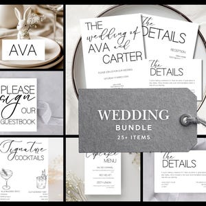 Puede incluir: Un conjunto de artículos de papelería para bodas, que incluyen invitaciones, tarjetas de detalles y letreros. Los artículos presentan texto negro elegante sobre un fondo blanco. Una etiqueta gris dice "WEDDING BUNDLE 25+ ITEMS".