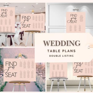 Puede incluir: Una colección de carteles de planos de mesa de boda, cada uno con un fondo rosa rubor y las palabras "FIND your SEAT" en una elegante escritura. Los carteles se muestran en caballetes, con el texto "WEDDING TABLE PLANS DOUBLE LISTING" en el centro.