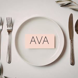 Puede incluir: Una mesa formal con un plato blanco, cubiertos y una tarjeta rosa con el nombre "AVA". Los tenedores, el cuchillo y la cuchara están colocados alrededor del plato sobre una superficie blanca, con ramitas verdes.