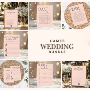 Puede incluir: Un paquete de juegos de boda con varios juegos de papel rosa. Los juegos incluyen una búsqueda del tesoro fotográfica, bingo de invitados, pictionary de emoji y un juego de adivinanzas. Las palabras "Games Wedding Bundle" se muestran en el centro.