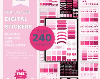 Puede incluir: Más de 240 pegatinas digitales rosas para diarios, planificadores, listas y notas de estudio. Las pegatinas incluyen varias formas, tamaños y diseños, como pancartas, flechas, estrellas y marcas de verificación.